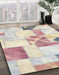 Abstract Tan Brown Gold Patchwork Rug in Family Room, abs5627