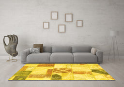 Machine Washable Patchwork Yellow Transitional Rug in a Living Room, wshabs5627yw