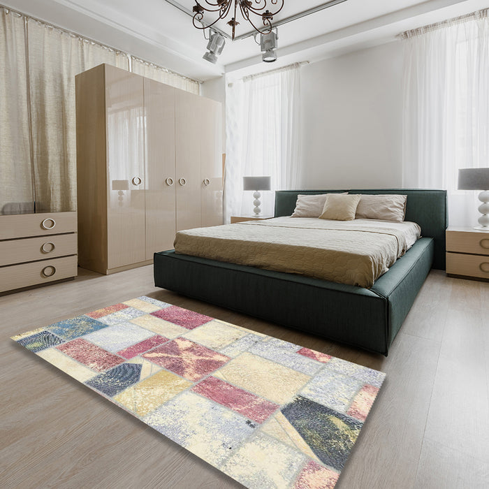 Abstract Tan Brown Gold Patchwork Rug in a Bedroom, abs5627