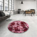 Round Abstract Wine Red Patchwork Rug in a Office, abs5628