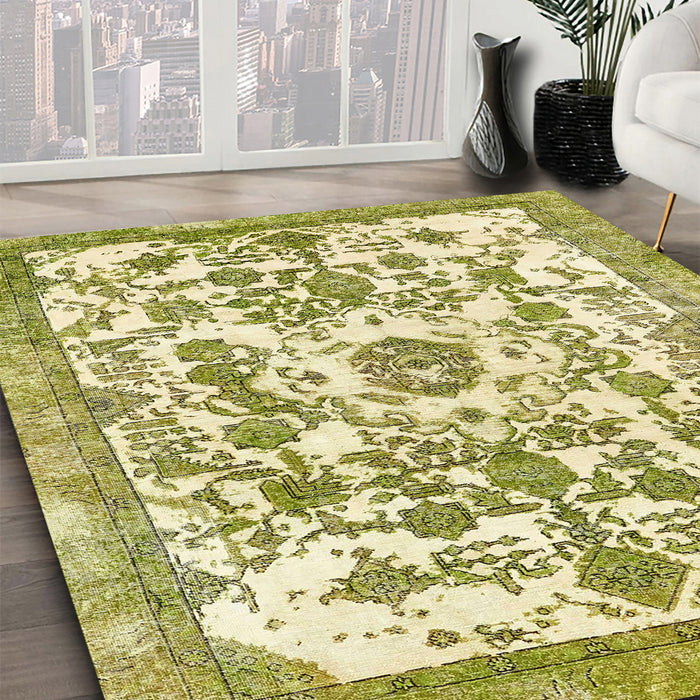 Machine Washable Abstract Dark Yellow Green Rug in a Family Room, wshabs562