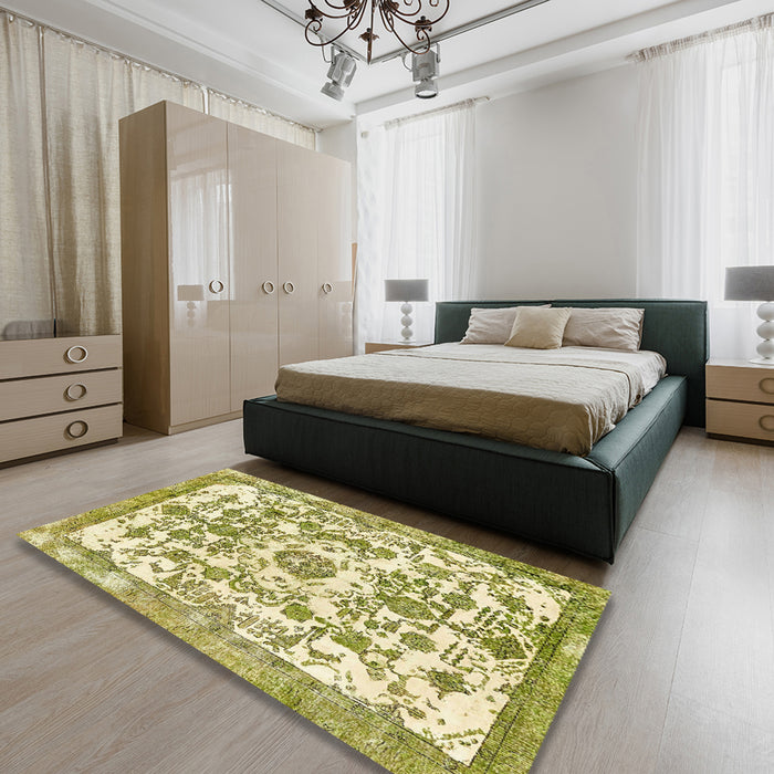 Machine Washable Abstract Dark Yellow Green Rug in a Bedroom, wshabs562