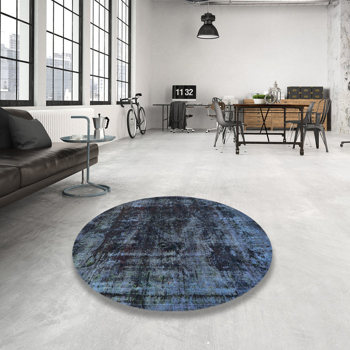 Round Machine Washable Abstract Azure Blue Rug in a Office, wshabs5634