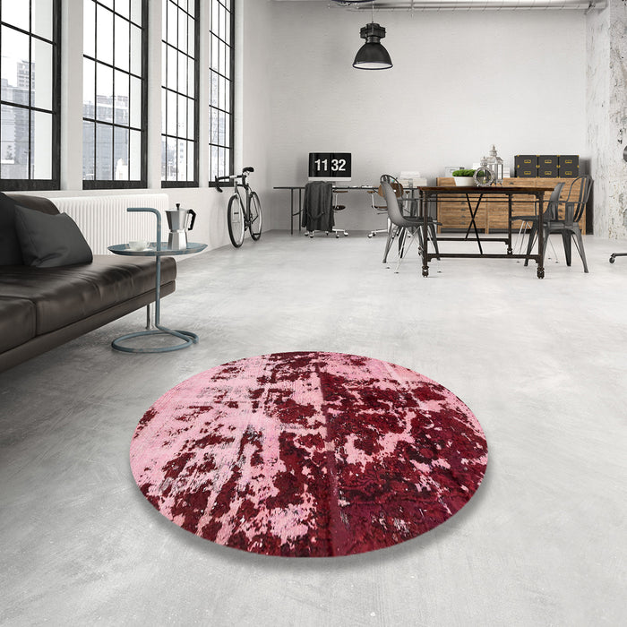 Round Machine Washable Abstract Pastel Pink Rug in a Office, wshabs5638