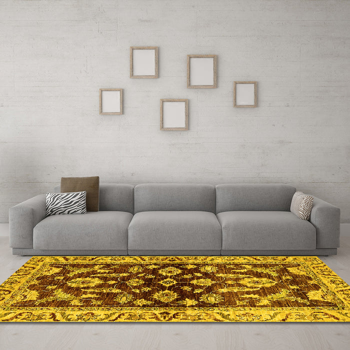 Machine Washable Oriental Yellow Traditional Rug in a Living Room, wshabs563yw