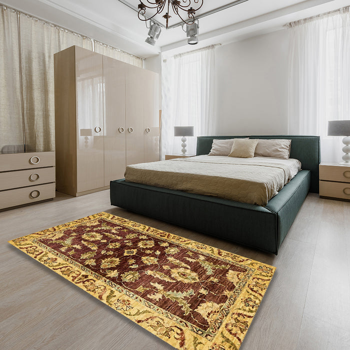Abstract Saffron Red Oriental Rug in a Bedroom, abs563