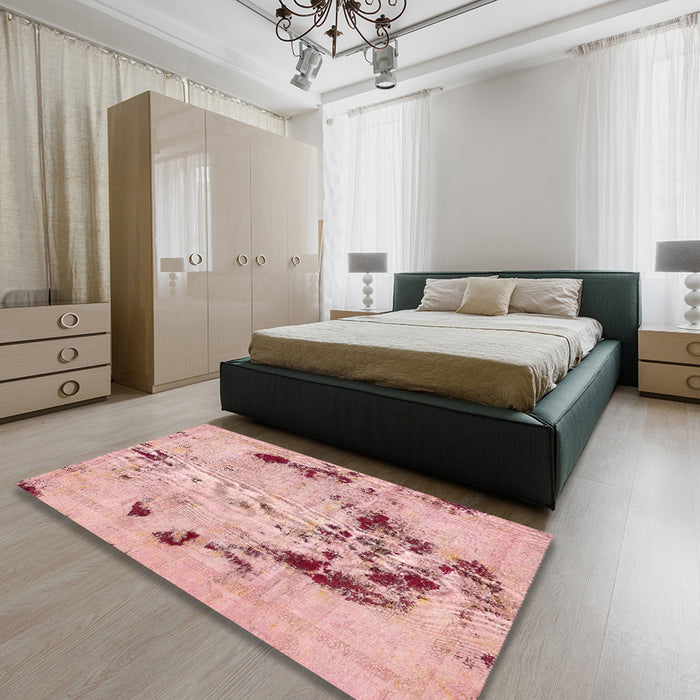 Abstract Pink Coral Pink Persian Rug in a Bedroom, abs5643