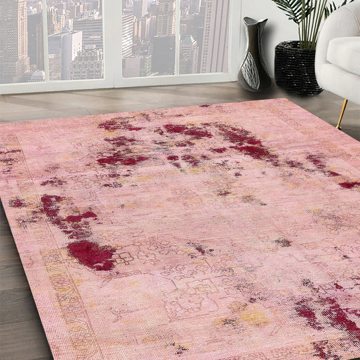 Machine Washable Abstract Pink Coral Pink Rug in a Family Room, wshabs5643