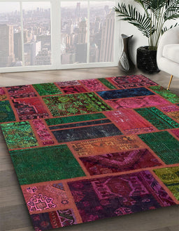 Abstract Coffee Brown Patchwork Rug in Family Room, abs5644