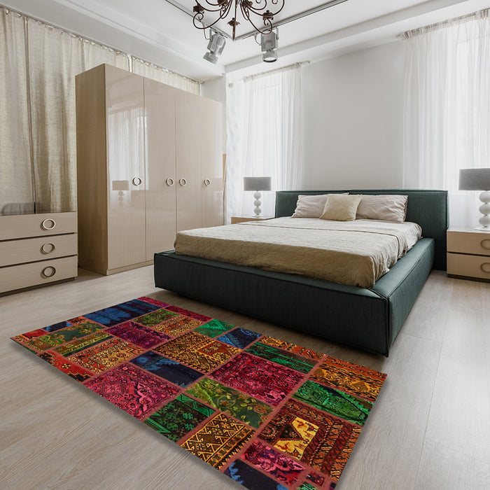 Abstract Reddish Brown Oriental Rug in a Bedroom, abs5648