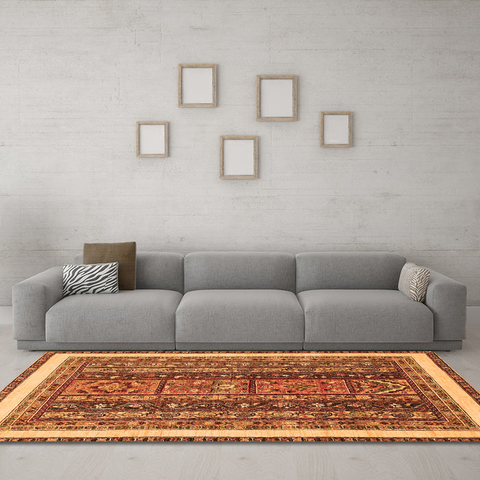 Machine Washable Abstract Orange Modern Area Rugs in a Living Room, wshabs564org
