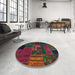 Round Machine Washable Abstract Coffee Brown Rug in a Office, wshabs5653