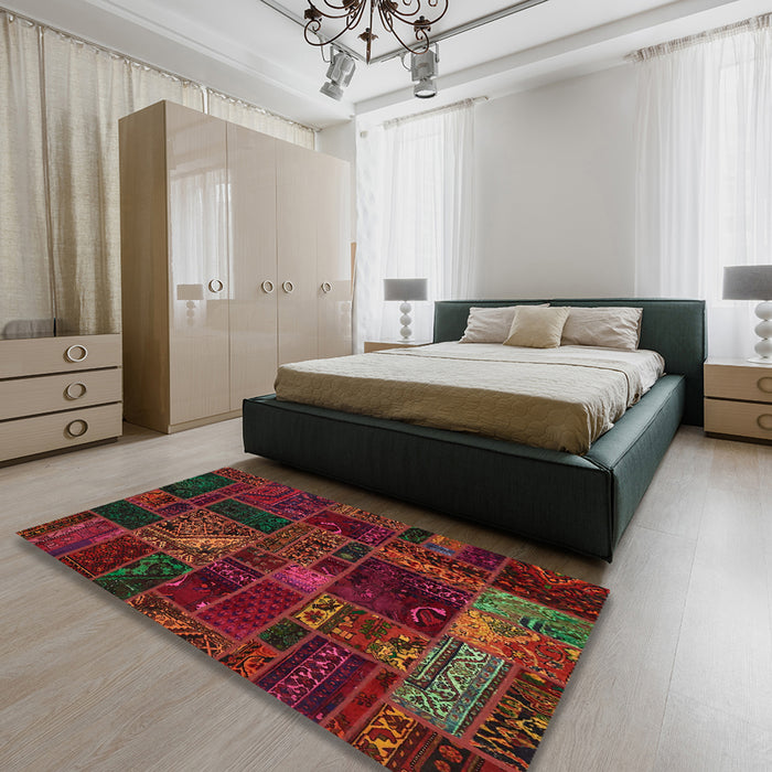 Machine Washable Abstract Dark Sienna Brown Rug in a Bedroom, wshabs5654