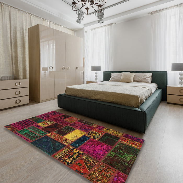 Abstract Reddish Brown Oriental Rug in a Bedroom, abs5656
