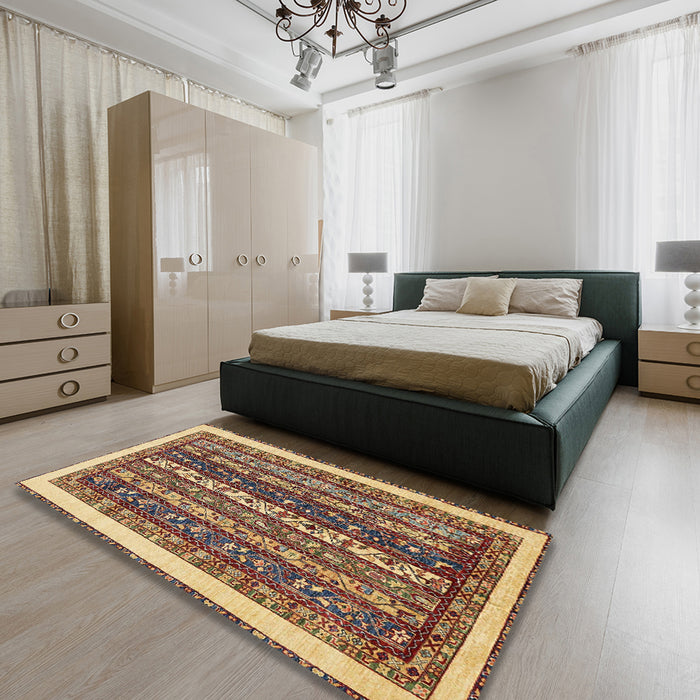 Abstract Red Brown Modern Rug in a Bedroom, abs565