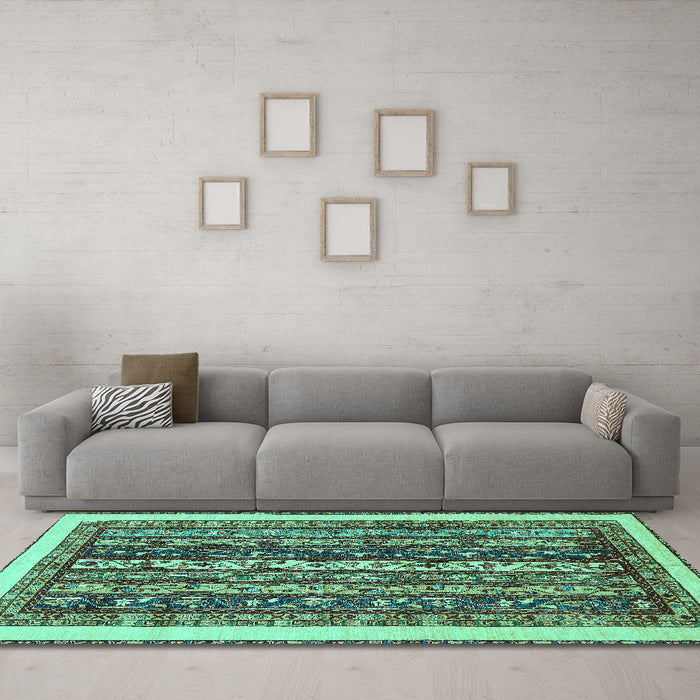 Machine Washable Abstract Turquoise Modern Area Rugs in a Living Room,, wshabs565turq