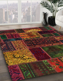 Abstract Saddle Brown Oriental Rug in Family Room, abs5660
