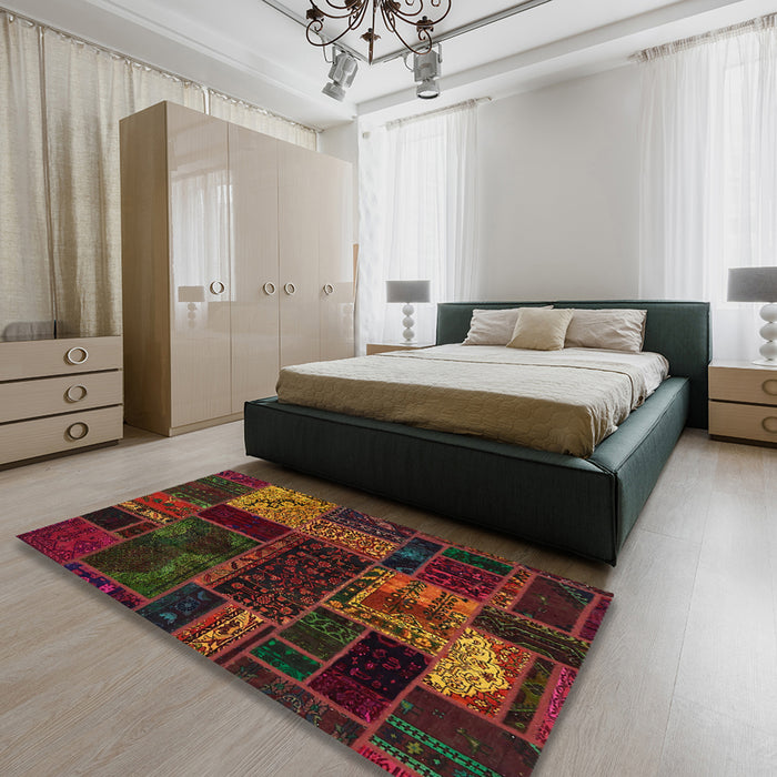 Abstract Saddle Brown Oriental Rug in a Bedroom, abs5660