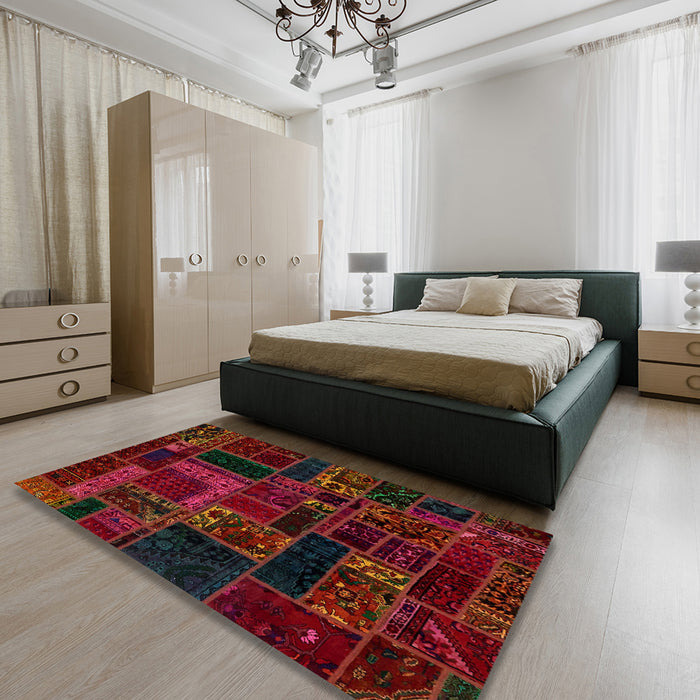 Abstract Red Brown Oriental Rug in a Bedroom, abs5661
