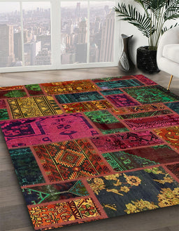 Abstract Reddish Brown Oriental Rug in Family Room, abs5666