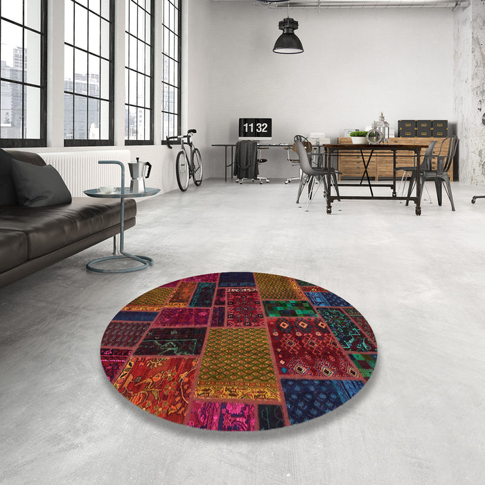 Round Machine Washable Abstract Burgundy Red Rug in a Office, wshabs5667
