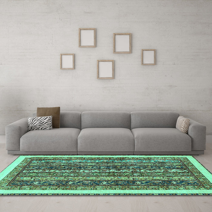 Machine Washable Abstract Turquoise Modern Area Rugs in a Living Room,, wshabs566turq