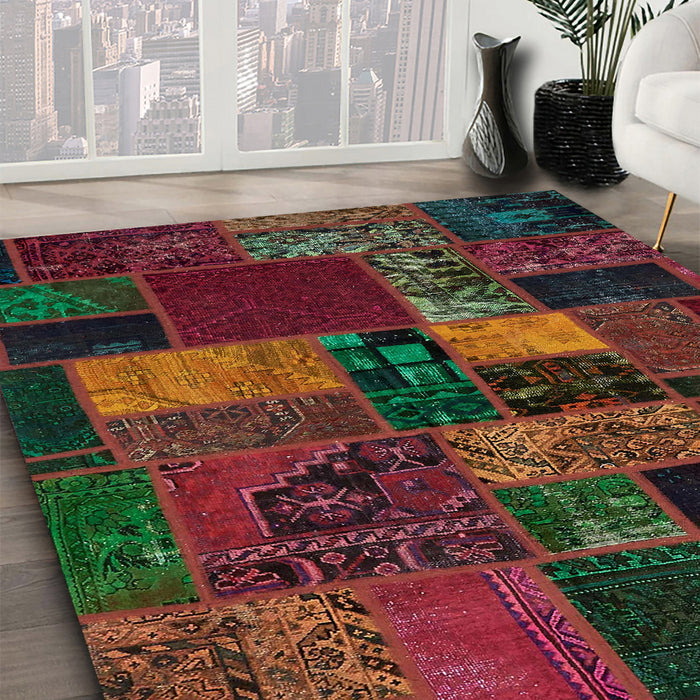 Abstract Reddish Brown Oriental Rug in Family Room, abs5671