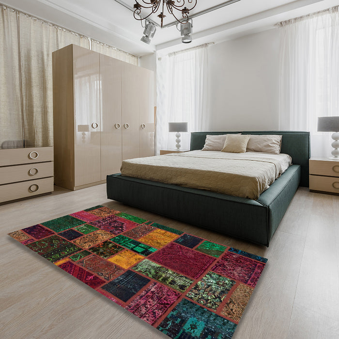 Abstract Reddish Brown Oriental Rug in a Bedroom, abs5671