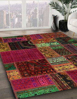 Abstract Reddish Brown Oriental Rug in Family Room, abs5675