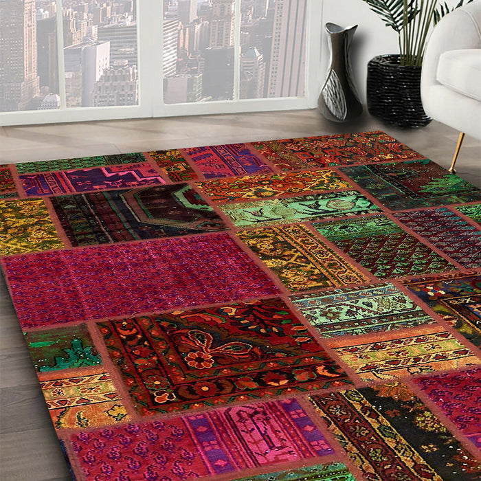 Abstract Reddish Brown Oriental Rug in Family Room, abs5675