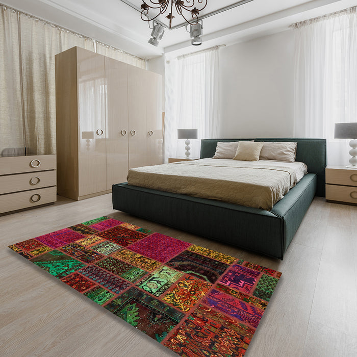 Abstract Reddish Brown Oriental Rug in a Bedroom, abs5675