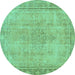 Round Machine Washable Oriental Turquoise Modern Area Rugs, wshabs5678turq