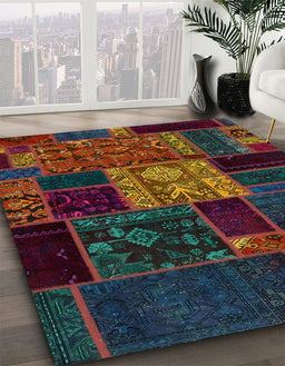 Abstract Coffee Brown Patchwork Rug in Family Room, abs568