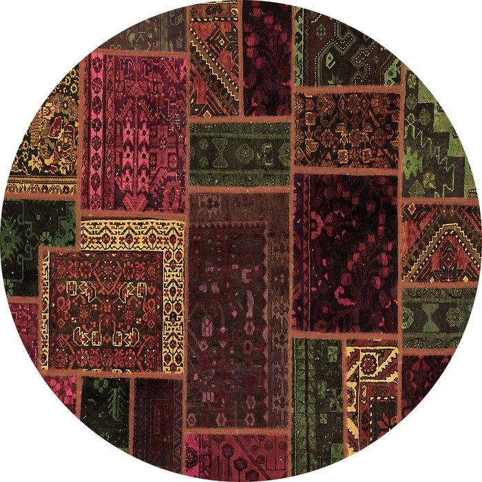 Round Machine Washable Patchwork Brown Transitional Rug, wshabs569brn