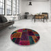 Round Abstract Coffee Brown Patchwork Rug in a Office, abs569