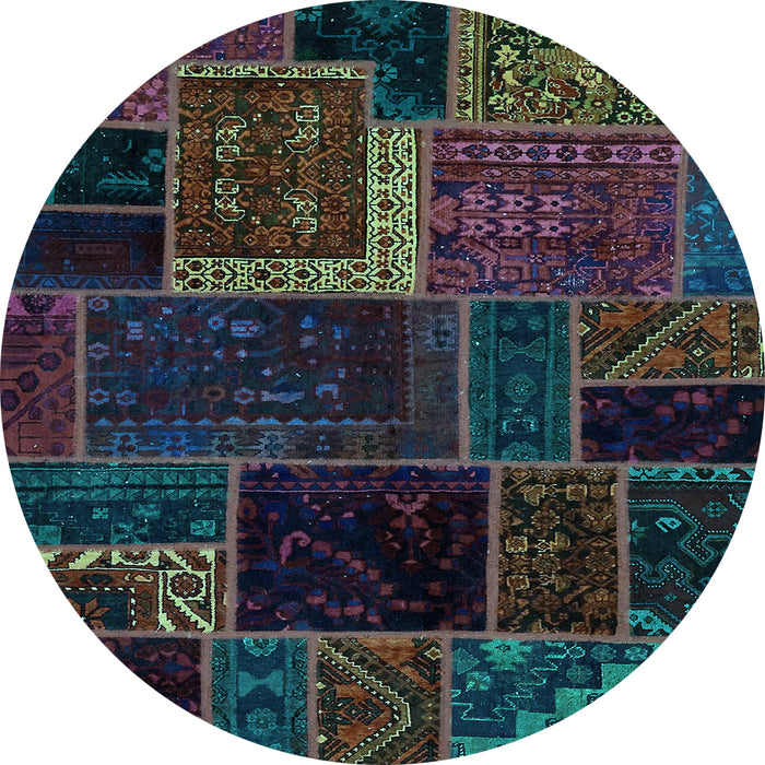 Round Machine Washable Patchwork Light Blue Transitional Rug, wshabs569lblu