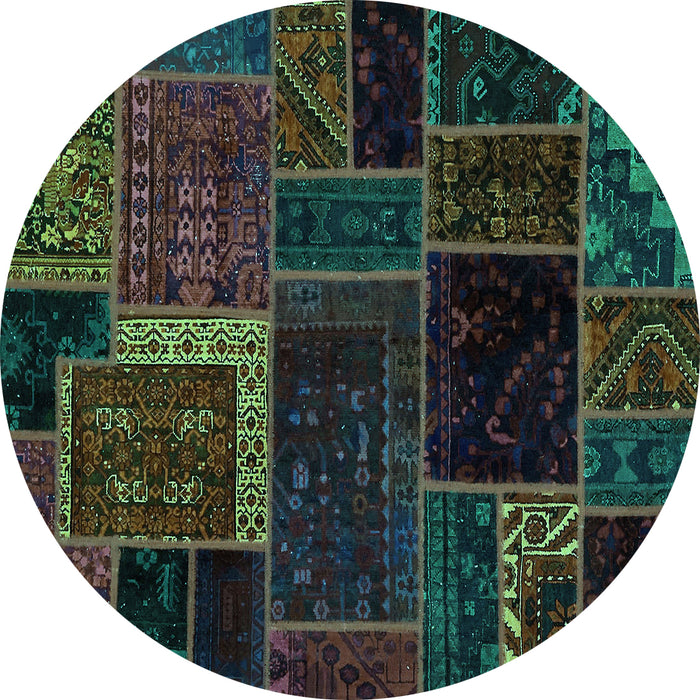 Round Machine Washable Patchwork Turquoise Transitional Area Rugs, wshabs569turq