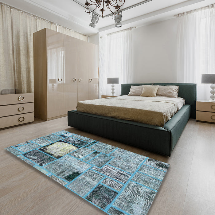 Abstract Sky Blue Patchwork Rug in a Bedroom, abs570