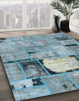Abstract Sky Blue Patchwork Rug in Family Room, abs570