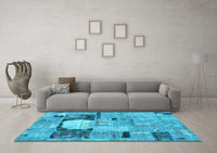 Machine Washable Patchwork Light Blue Transitional Rug, wshabs570lblu