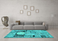 Machine Washable Patchwork Turquoise Transitional Rug, wshabs570turq