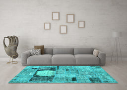 Machine Washable Patchwork Turquoise Transitional Area Rugs in a Living Room,, wshabs570turq