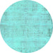 Round Machine Washable Abstract Turquoise Modern Area Rugs, wshabs571turq