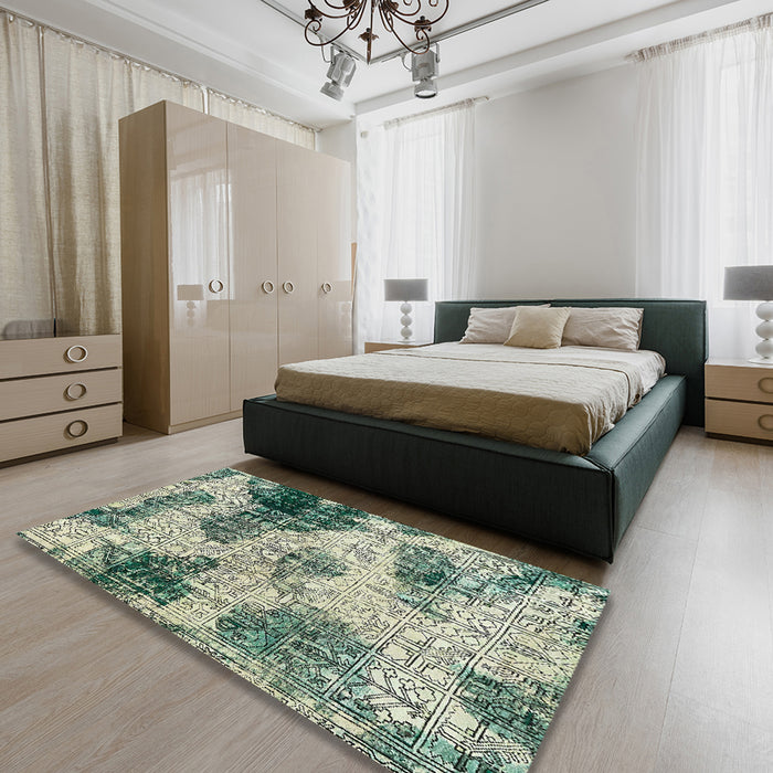 Abstract Green Modern Rug in a Bedroom, abs573