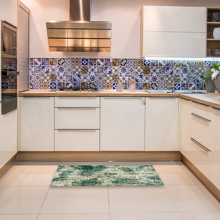 Abstract Green Modern Rug in a Kitchen, abs573