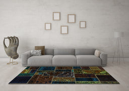 Machine Washable Patchwork Turquoise Transitional Area Rugs in a Living Room,, wshabs574turq