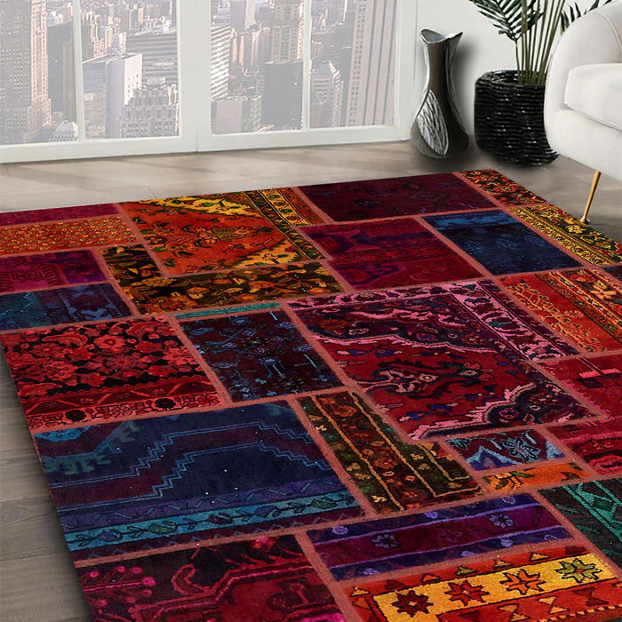 Abstract Red Patchwork Rug in Family Room, abs574