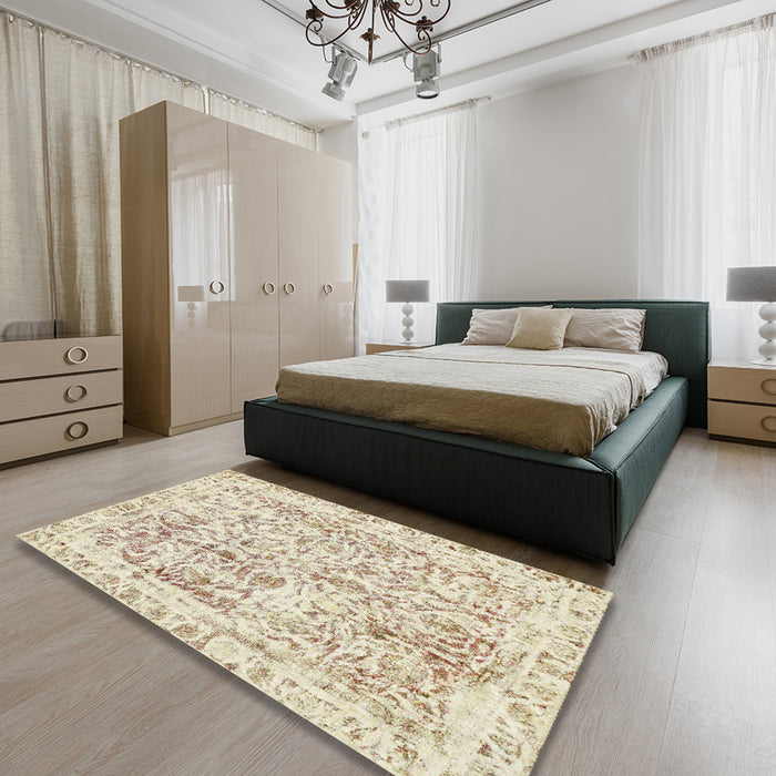 Abstract Pale Gold Modern Rug in a Bedroom, abs587