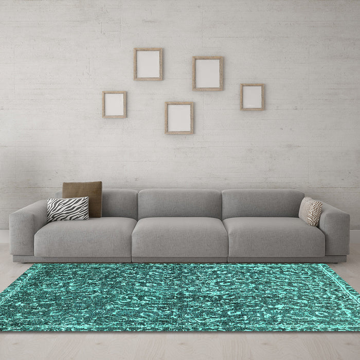 Machine Washable Abstract Turquoise Modern Area Rugs in a Living Room,, wshabs593turq