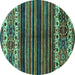 Round Machine Washable Abstract Turquoise Modern Area Rugs, wshabs599turq